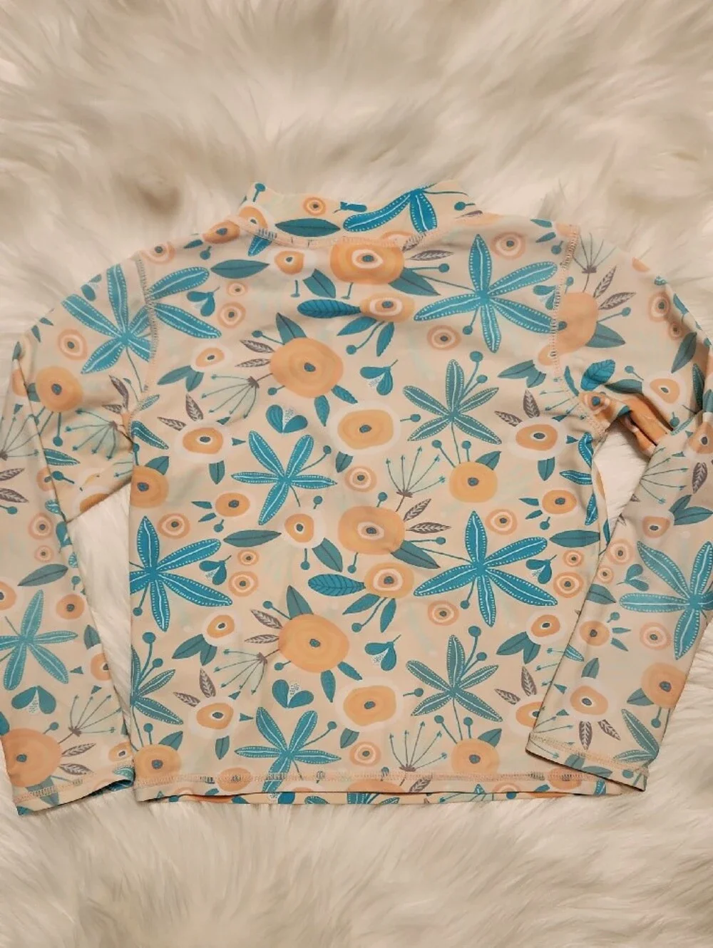 Ruffle Butts Kids Floral Long-Sleeve Swim Top - Peach & Teal - Girls Size 5